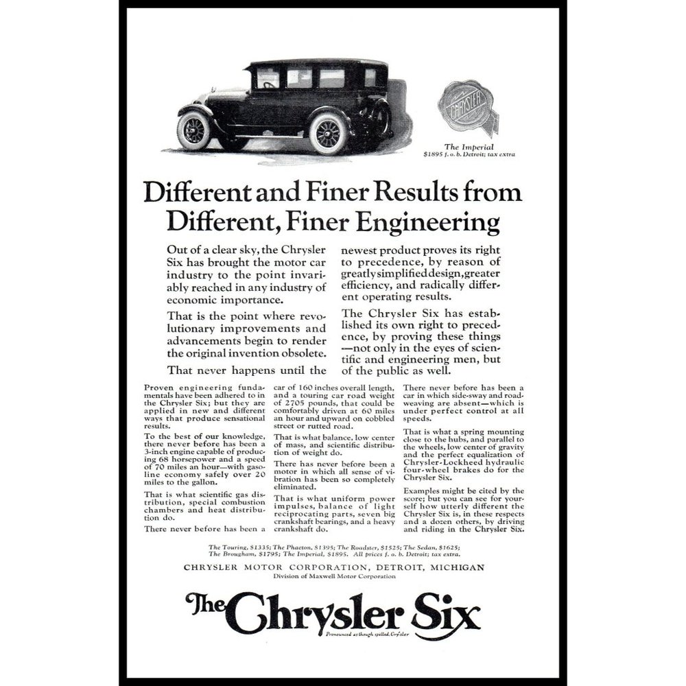 1924 Chrysler Six Sedan Antique Car Vintage Print Ad Man Cave Wall Art Photo